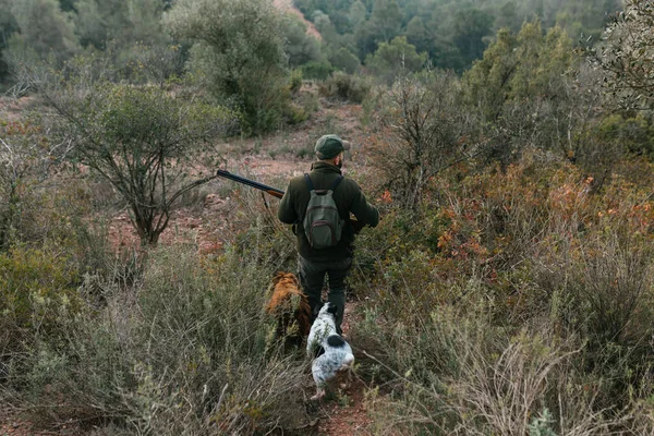 Mann auf dem Rücken beim Gassigehen mit seinen beiden Hunden — Stockfoto