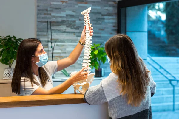 Női orvos, aki gerincmodellt mutat a betegnek a fizioterápiás központban folytatott konzultáció során. — Stock Fotó