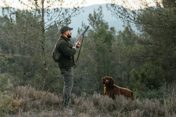 Köpeğiyle birlikte silahıyla ayakta duran avcı alarmı. — Stok fotoğraf