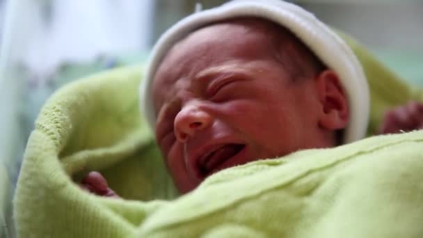 Close up view of a little newborn baby crying and moving. — Stockvideo
