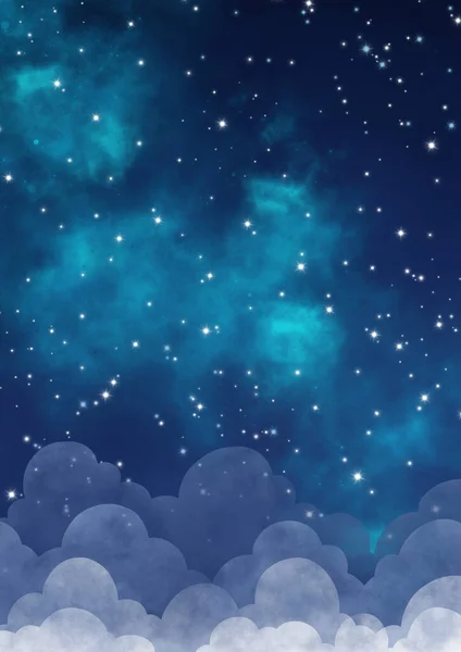 Gece gökyüzü yıldız ve bulut karasal alanı çizimleri arasında gece konsepti ve Noel tatili dekorasyonu için sınır arkaplanı.