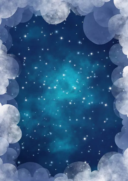 Gece gökyüzü, gece konsepti ve Noel tatili dekorasyonu için yıldız ve bulut karasal alanı resimleme çerçevesi arasında.
