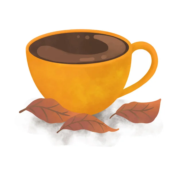 Gele Koffie Met Herfstbladeren Illustratie Voor Cafe Ontspannen Tijd Het — Stockvector