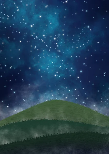 Night Sky Star Cloud Fog Hill Meadow Landspace Illustration Background — Stock Photo, Image