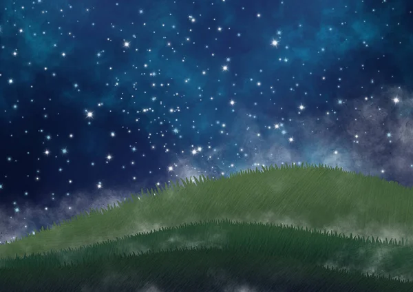 Nocne Niebo Wśród Gwiazdy Chmura Mgła Wzgórze Łąka Landspace Ilustracja — Zdjęcie stockowe