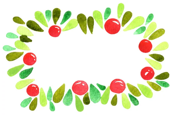クリスマス休暇や大晦日の装飾のためのクリスマスボール水彩フレームと緑の葉 — ストック写真