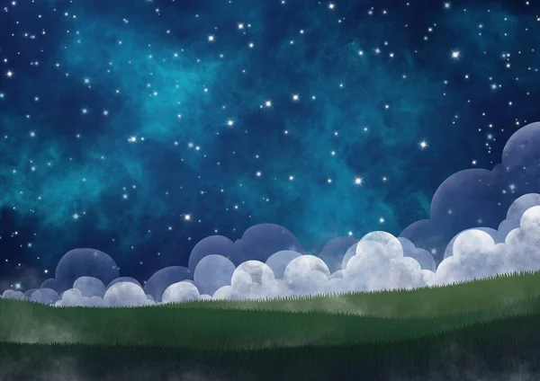 Night Sky Star Cloud Fog Meadow Landspace Illustration Background Decoration — Stock Photo, Image