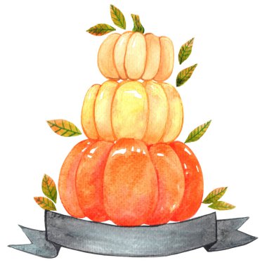 Üç balkabağı, sonbahar yaprakları ve suluboya sancak resmi tarım, doğal gıda ve Şükran Günü festivali için..