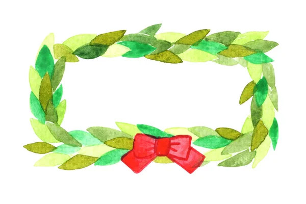 クリスマスイベントの装飾のための赤い弓の水彩と緑の葉のフレーム — ストック写真