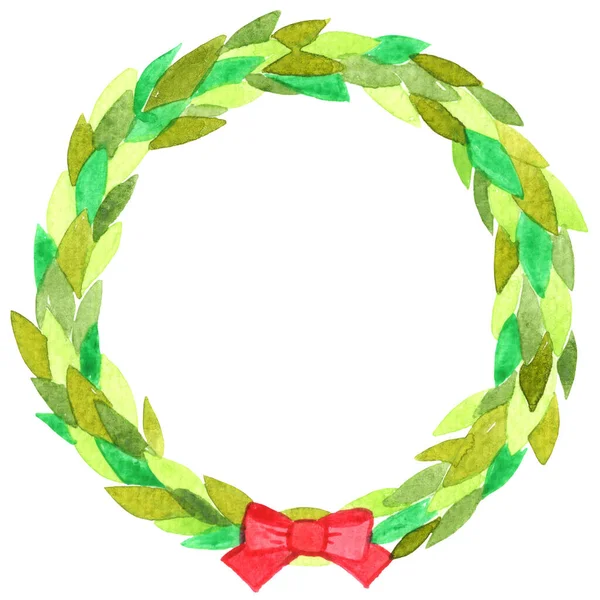 クリスマスイベントの装飾のための赤い弓の水彩と緑の葉の花輪 — ストック写真
