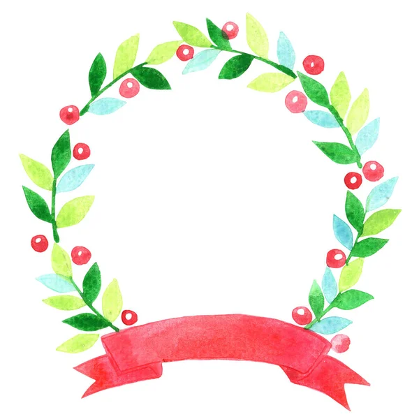 クリスマスイベントの装飾のためのベリーと赤いリボンバナー水彩花輪を持つクリスマス装飾植物 — ストック写真