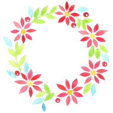 Yaz ve Noel etkinlikleri için kırmızı çiçek, çilek ve yaprak çelengi.