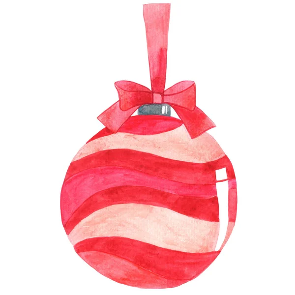 Kerstbal Met Rode Strik Lint Aquarel Voor Decoratie Kerstmis Verjaardag — Stockfoto