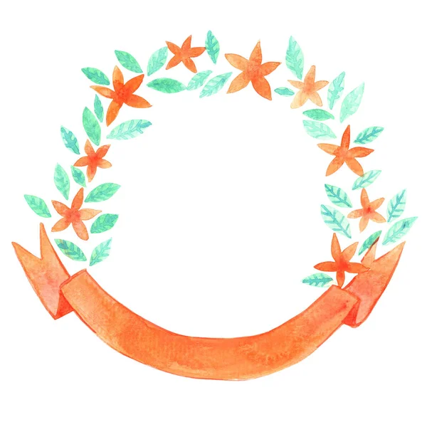秋季和感恩节装饰用橙色花环和彩带横幅水彩画 — 图库照片