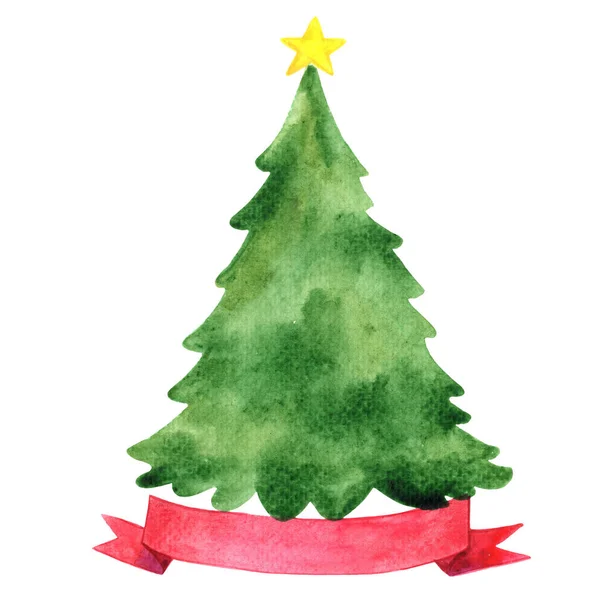 圣诞假期装饰用红丝带横幅水彩画圣诞树 — 图库照片