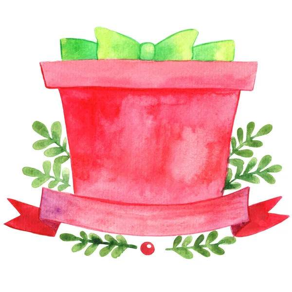 Rode Geschenkdoos Met Lint Banner Kerstplant Decoratieve Aquarel Illustratie Voor — Stockfoto