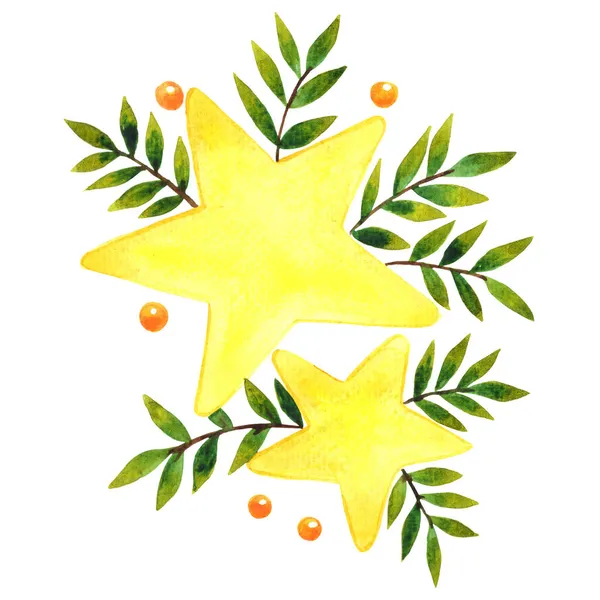 Estrela Natal Com Samambaia Folhas Aquarela Ilustração Banner Para Decoração — Fotografia de Stock