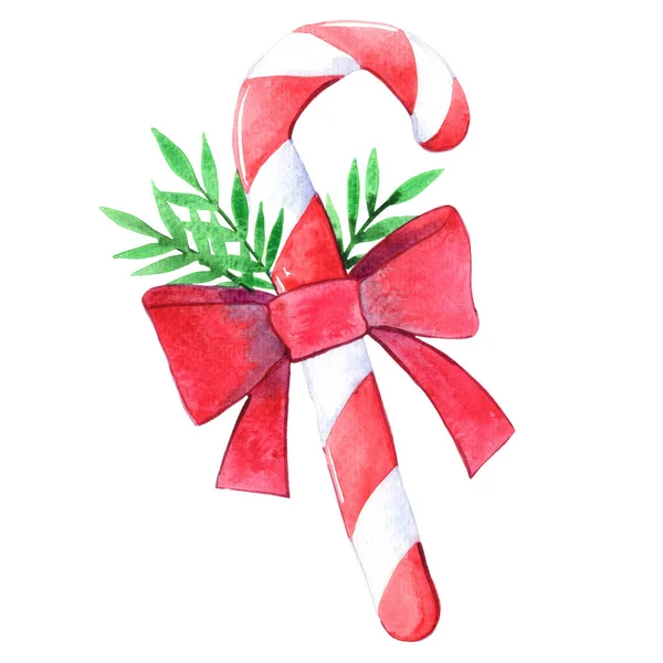 Weihnachts Bonbonstock Mit Roter Schleife Und Farnblättern Aquarell Illustration Auf — Stockfoto