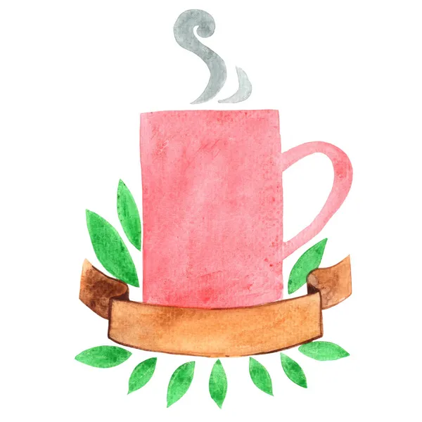 Red Coffee Cup Ribbon Banner Green Leaves Watercolor Illustration Decoratinon — Stock Photo, Image