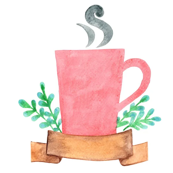 Tasse Café Rouge Bannière Ruban Feuilles Vertes Illustration Aquarelle Pour — Photo