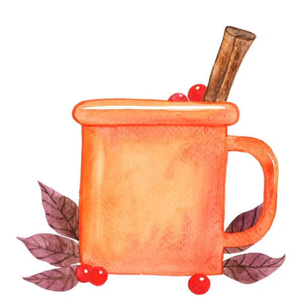 Ornage Mug Cinnamon Berry Autumn Leaf Watercolor Banner Decoration Autumn — Stock Photo, Image