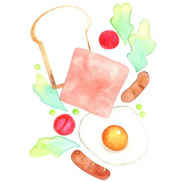 Pane Prosciutto Salsiccia Uovo Fritto Verdure Acquerello Illustrazione Decorazione Sul — Foto Stock