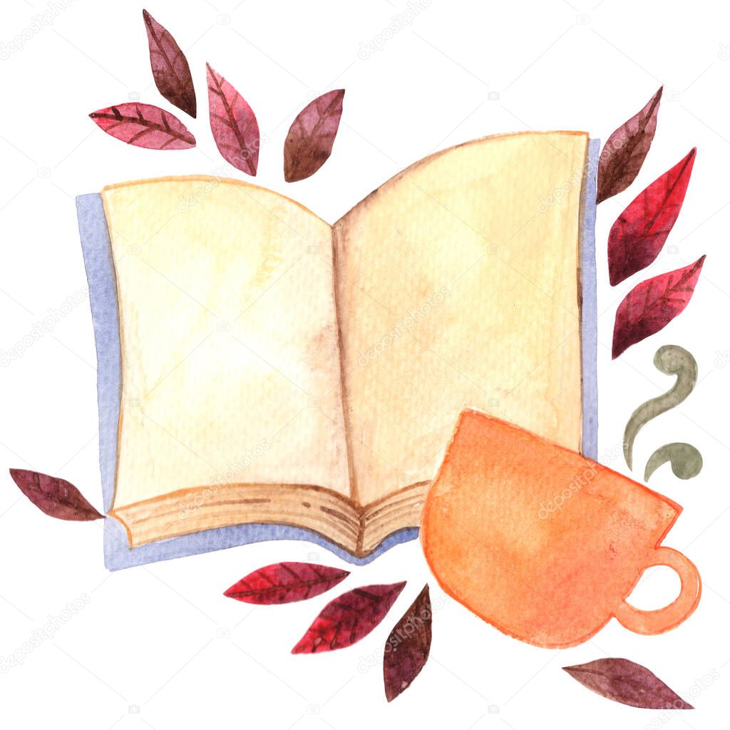 Mythical book ,orange cup and fall leaves watercolor illustration banner for decoration on autumn season.