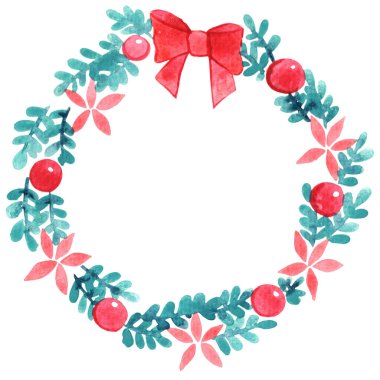 Eğreltiotu yaprağı, çiçek, top ve kırmızı yay Noel etkinlikleri için suluboya çelenk.