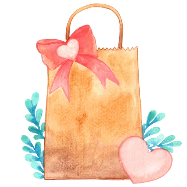 Shopping Bag Pink Bow Fern Watercolor Gift Valentine Day — Stock Photo, Image