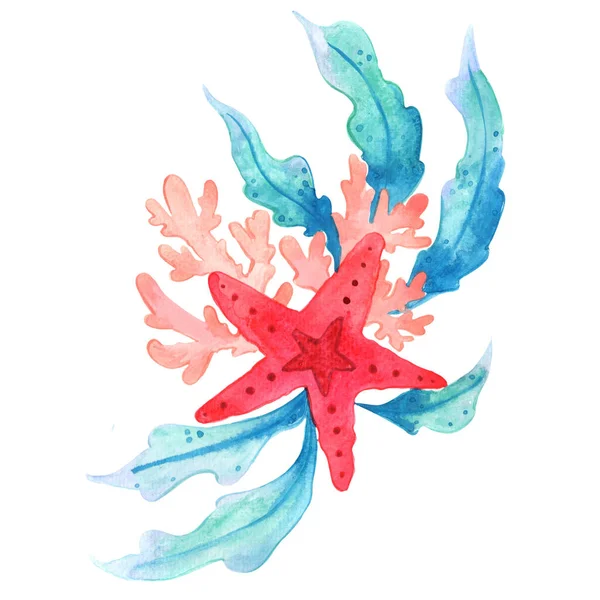 クリスマスの夏の休日の装飾のための海の生命の花の水彩画のヒトデ サンゴと海藻束 — ストック写真