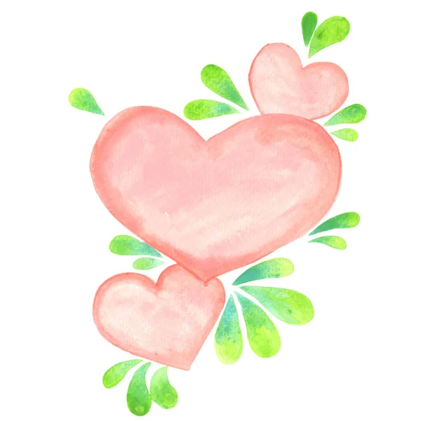 Sweet Pink Heart Leaves Watercolor Banner Decoration Valentine Day Wedding — Stock Photo, Image
