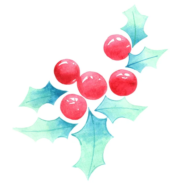 Červené Bobule Holly Opustí Akvarel Pro Dekoraci Vánoční Svátky — Stock fotografie
