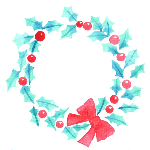 Holly Leaves Berry Red Bow Wreath Watercolor Decoration Christmas Holiday — 图库照片