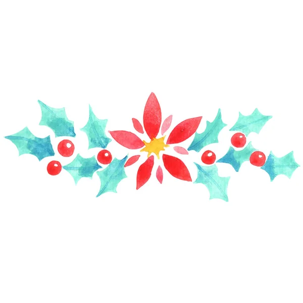 Holly Leaves Berry Christmas Flower Garland Watercolor Decoration Christmas Holiday — 图库照片