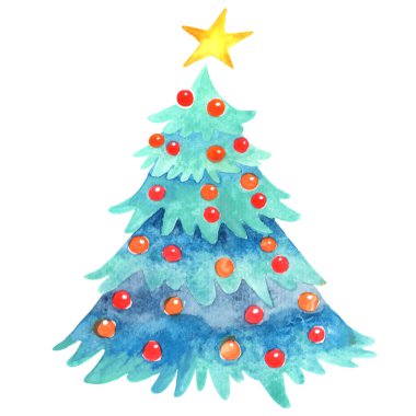 Dekorasyon balosu ve yıldız suluboya ile Noel ağacı Noel etkinliklerinde dekorasyon için izole edilmiş..