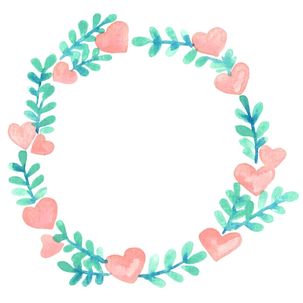 Pink Heart Fern Leaves Wreath Watercolor Decoration Vatentine Day Wedding — 图库照片