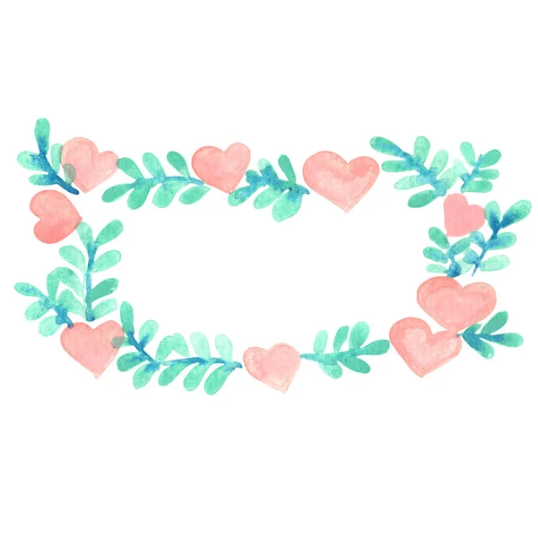 Pink Heart Fern Leaves Wreath Frame Watercolor Decoration Vatentine Day — Stock Photo, Image