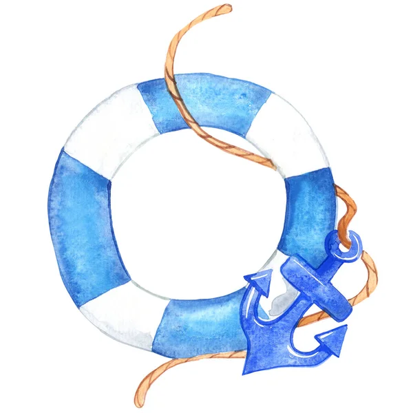 Μπλε Δαχτυλίδι Καουτσούκ Και Άγκυρα Απομονωμένη Ακουαρέλα Εικονογράφηση Για Ναυτική — Φωτογραφία Αρχείου