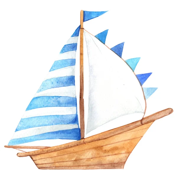 Vitorlás Hajó Akvarell Illusztráció Dekoráció Utazás Tengeren Tengeri Koncepció — Stock Fotó