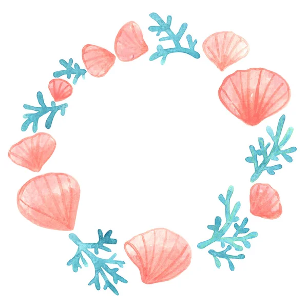 Seashell Coral Sand Beach Wreath Watercolor Decoration Marine Life Coastal — 图库照片