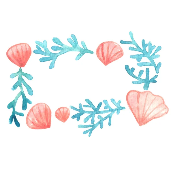 Tengeri Kagyló Korall Homokos Strand Keret Akvarell Dekoráció Tengeri Élet — Stock Fotó