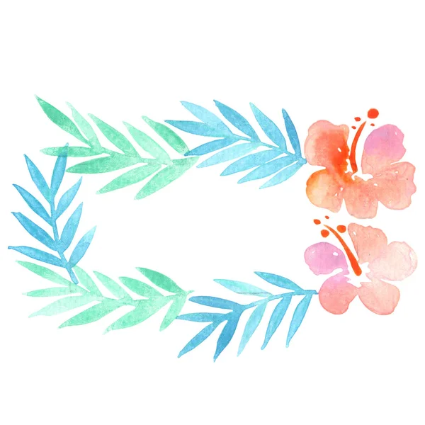 Hibiscus Coconut Palm Leaves Frame Watercolor Decoration Summer Holiday Theme — Stock Photo, Image