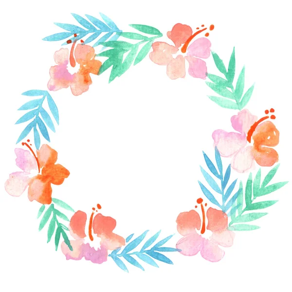 Hibiscus Coconut Palm Leaves Wreath Watercolor Decoration Summer Holiday Theme — 图库照片