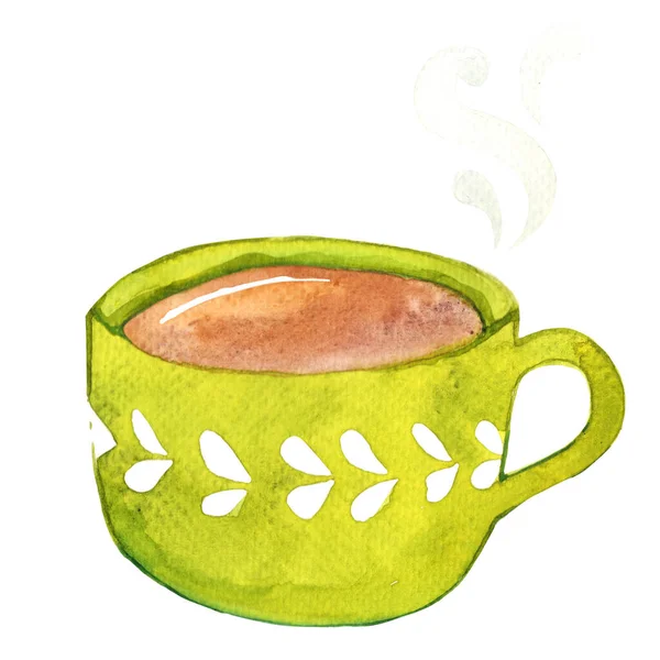 Forró Italok Kerámia Zöld Csésze Akvarell Illusztráció Dekoráció Formájában Kávé — Stock Fotó