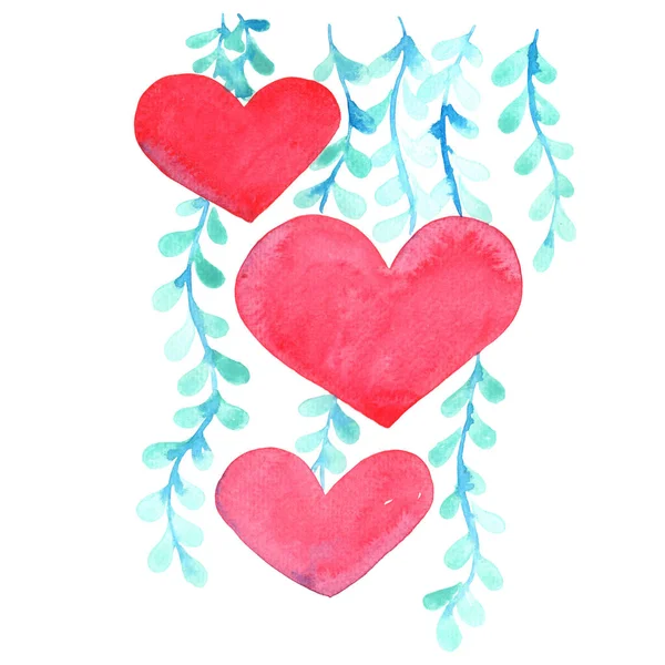 Piros Szív Borostyán Páfrány Csokor Akvarell Illusztráció Dekoráció Valentin Napon — Stock Fotó
