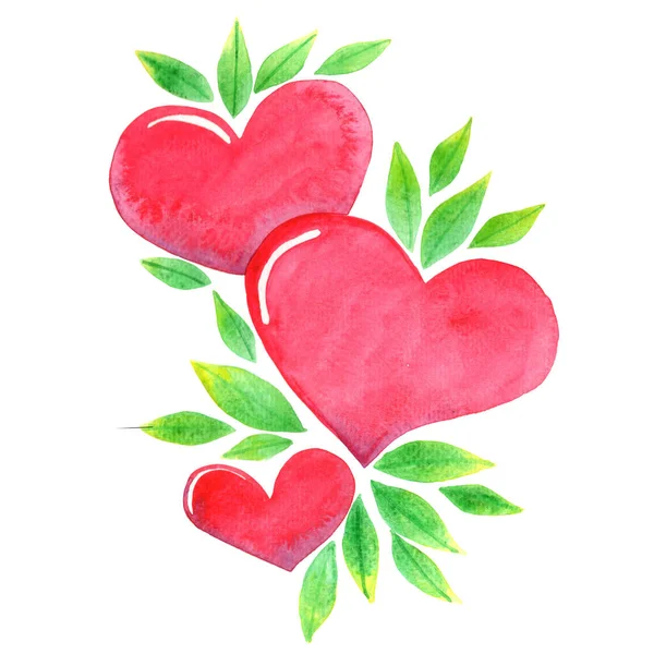 Piros Szív Zöld Levél Csokor Akvarell Illusztráció Dekoráció Valentin Napon — Stock Fotó