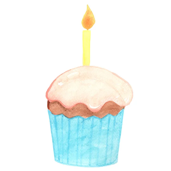 Szczęśliwy Dzień Urodzenia Ciasto Kubek Akwarela Świeca Izolowane Dekoracji Urodziny — Zdjęcie stockowe