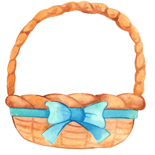 Wood Basket Blue Bow Fruit Watercolor Illustration Decoration Stiil Life — Zdjęcie stockowe