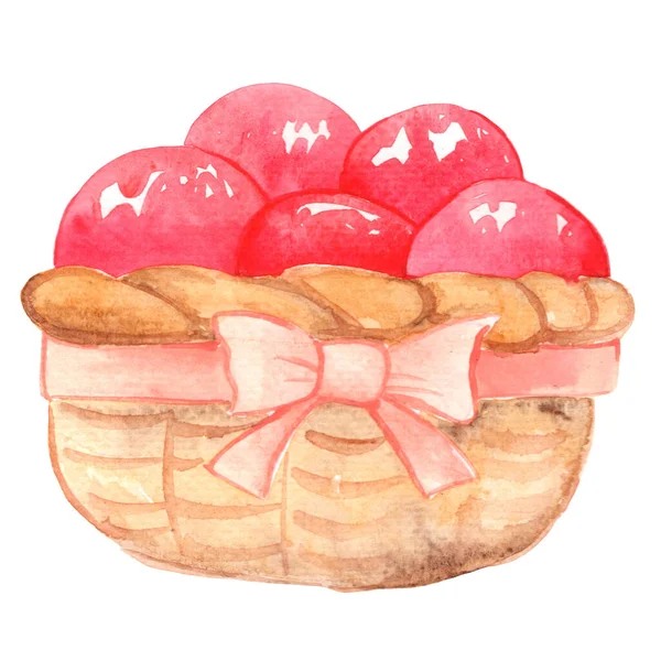 Wood Basket Ribbon Fruit Watercolor Illustration Decoration Stiil Life Farm — Stock Fotó