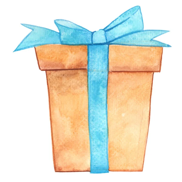 Brown Gift Box Aqua Blue Bow Decoration Birthday Christmas Holiday — Zdjęcie stockowe